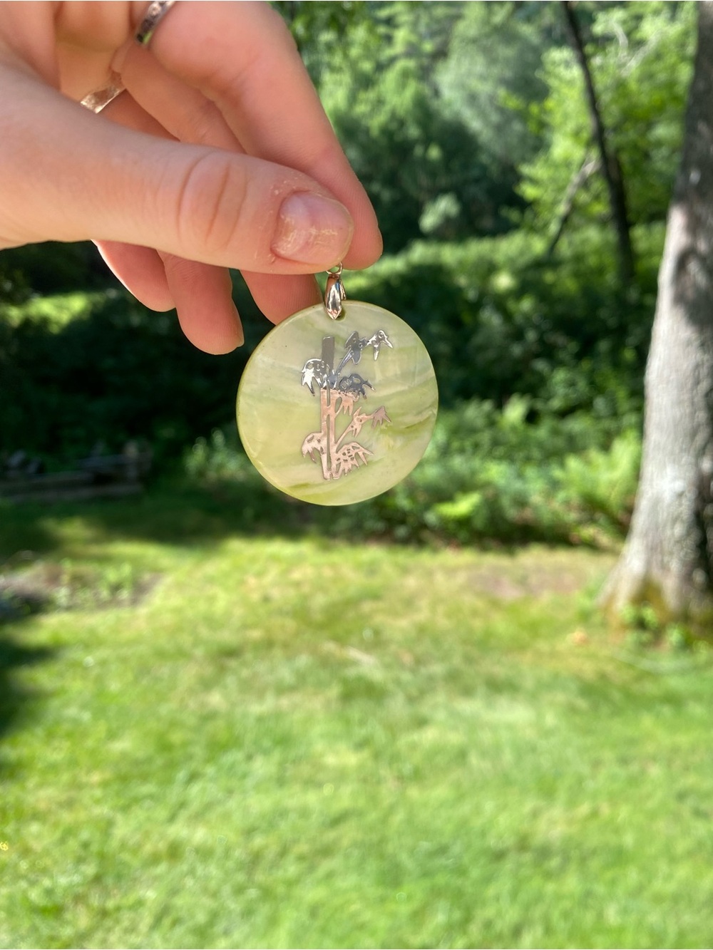 Green Round Mother Of Pearl Pendant Necklace with Silver Palm Tree Accent